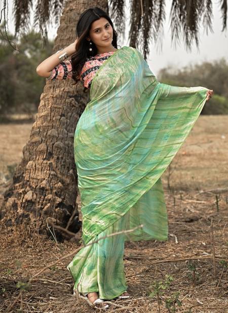 Green Colour ASHIMA KIARA Stylish Designer Party Wear Line Satin Printed Latest Saree Collection 2104